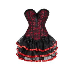 Vintage Corset Dress Overbust Bustier Top With Layered Mesh Skirt Clubwear Retro Costume 240314