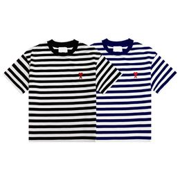 Spring/Summer New miT Shirt Round Neck Red Small Heart Embroidered Stripe Tees for Men and Women Couples Loose and Casual Short sleeved T-shirts Top clothes
