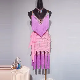 Stage Wear 2024 Women's Latin Dance Tassel Dress High End Custom Pink Pearl Tango Chacha Competition Professional Performance