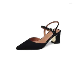 Dress Shoes Women's Sandals In Spring And Summer Leather Buckle Thick Heel 6cm Slling Back Pointed Toe Genuine