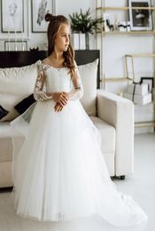 In STock Flower Girl Dresses Sheer Long Sleeve Appliques Lace Children Birthday Wedding Dress MC23089883693