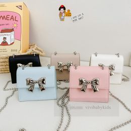 Kids Bows mini square handbags girls metals beades chain single shoulder bag children PU leather leather bags Z7170