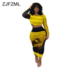 Character Print Sexy Two Piece Skirt Set Women Clothes ONeck Long Sleeve Crop Top Bandage Long Skirts Plus Size Club Outfits7798611