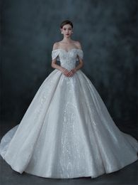 2024 Sparkle Glitter Wedding Dresses Off Shoulder Crystals Sequin Robe Mariage Handmade Lace Appliques Bridal Gowns Plus Size Vestido De Novia 403