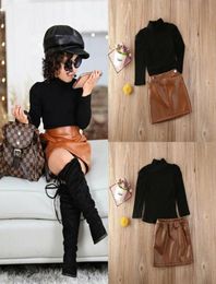 INS Kids Spring Fall Outfits Girls Black High Collar Puff Sleeve TshirtBrown PU leather Skirts 2Pcs Lady style Child sets A52708626794