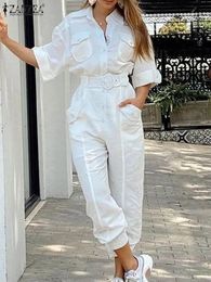 ZANZEA Fashion Women Jumpsuits Elegant Solid Cargo Rompers Casual Lapel Neck 34 Sleeve Long Overalls Female Party Playsuits 240307