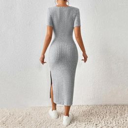 Casual Dresses Elegant Hip-covering Slit Dress Solid Colour Square Neckline Neck Knitted Midi For Women