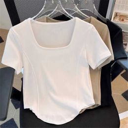 White square neck shoulder length short sleeved t-shirt for women in summer unique and spicy girl high waistline slim fit and short fishbone top