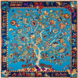 Square Tree Floral Print Scarf Women Shawls Foulard Femme Blue Large Twill Silk Scarfs Drop 130 130CM353G