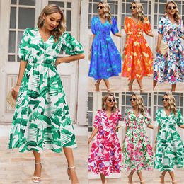 Summer Women's V-neck Bohemian Printed Dress A-line Skirt Temu