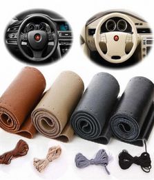 Real Cowhide Leather Steering Wheel Cover With Needles Thread DIY Black Hand Sewing Genuine Leathers Wrap Shippin zLRS5163590