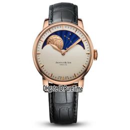 New 42mm Arnold&Son HM Perpetual Moon A1GLARI01AC122A Rose Gold White Dial Mechanical Hand Winding Mens Watch Black Leather Strap 265P