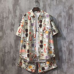 Designer Suit Casual Hawaiian Shirt Shorts Summer Trend Loose Fitting Short Sleeved Oversized Beach Couple Set Men Bue9