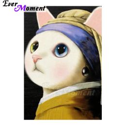 Stitch Ever Moment Diamond Painting Diamond Mosaic Cat With Pearl Earrings Full Square Resin Drill DIY Home Art Decoration Gift ASF2400