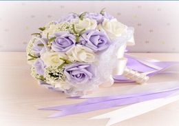 2018 Purple Pearls Wedding Bouquets with Wrist Corsage Gift Artificial Flowers Bride Holding Flowers Handmade Flowers Bridal Bouqu4911503