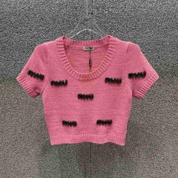 Women's Knits & Tees designer Mi24 Spring/Summer New Girl Style Heavy Industry Nail Diamond Letter Decoration Off the waist Short Sleeve Knitted Top Z56A