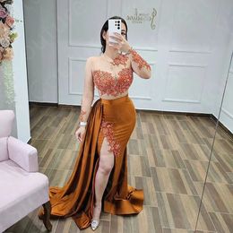 Hot Sale Women Evening Formal Dress 2024 Illusion Neck Long Sleeves Lace Appliques Beads Side Slit Prom Party Gowns Robe De Soiree