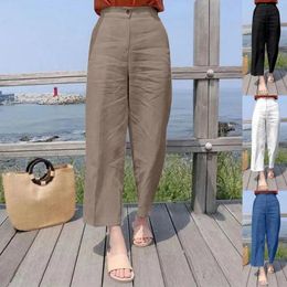 Women's Pants Fashion Casual Straight Solid Button Pockets Summer Workout Cropped Loose Comfortable Cotton Trousers