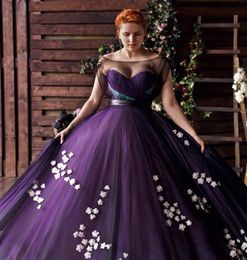 Stylish Purple Plus Size Prom Dresses Floral Applique Sheer Bateau Neck Evening Gowns ALine Sweep Train Tulle Formal Dress8129078