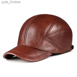 Ball Caps High Quality Genuine Leather Baseball C Men Real Leather Snback Brown/Black Cowhide High Quality Autumn Winter Dad Hat L240314