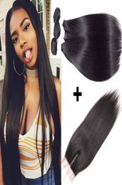 Unprocessed 8a Human Hair Bundles With Lace Closure Brazilian Straight Hair Weaves With Closure Sew in Hair Extensions Natural Bla4869062