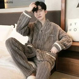 2024 Mens Warm Pajama Sets Autumn Winter Thick 2 Piece Set Flannel Sleepwear Loose Long Sleeve Solid Homewear Home Clothes Sets 240313