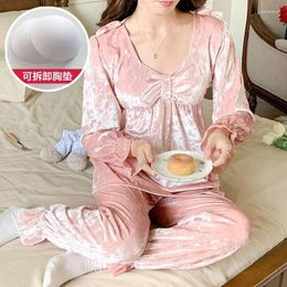 Women's Sleepwear 2024 Winter Long Sleeve Sexy V-neck Gold Velvet Pyjama Sets For Women Korean Pyjama Homewear Pijama Mujer Home Clothes