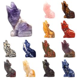 2 Wolf Statue Stone Carving Natural Gemstone Crystal Chakra Reiki Healing Quartz Animal Figurine Home Office Desktop Decoration 240301