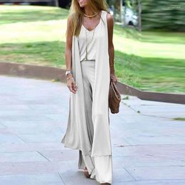 Women's Two Piece Pants Commuter Lady Elegant Three-piece Set Women Spring V Neck Top Long Sleeveless Cardigan Outfits Summer Solid Loose