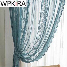 Curtains Dark Blue Waveside Lace Embroidered Sheer Curtain For Girls Princess Bedroom for Living room Tulle Window Treatment Kitchen