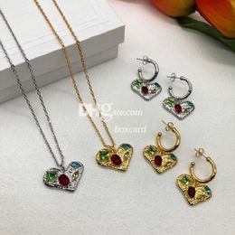 Vintage Coloured Heart Earring Necklace Sets Luxury Gold Chain Necklaces Charming Diamond Earrings Wedding Engagement Valentines Day Gift