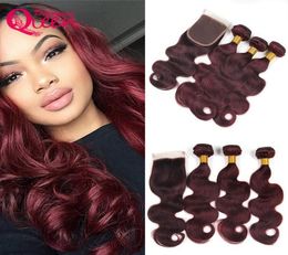 99J Burgundy Ombre Colour Brazilian Body Wave 100 Virgin Human Hair Extensions 3 Bundles With 4x4 Lace Closure Natural Hairline6831556