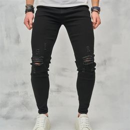 Men High Street Ripped Hip Hop Stylish Skinny Jeans Male Trousers Quality Holes Casual Cotton Pencil Denim Pants 240305
