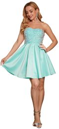 Off The Shoulder Satin Lace-up Short Homecoming Dresses A-Line Sequins Sweetheart Cocktail Formal Occasion Cocktail Prom Party Graudation Gowns Hc04