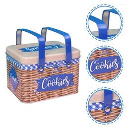 Storage Bottles Cake Decoration Biscuit Box Metal Handheld Candy Tin Cookie Jar Imitation Rattan Handle Design