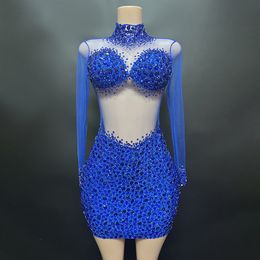 Sexy Fashion Blue Short Prom Dress 2024 High Neck Sequins Crystal Transparent Bodysuit Jumpsuit Cocktail Birthday Party Gowns Robe De Soiree