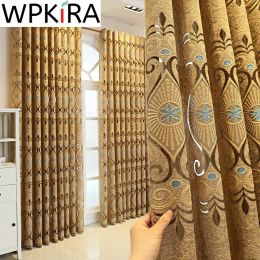 Curtains European Hollow Embroidered Gold Brown Curtain for Living Room Luxury Elegant Translucent Voile Window Drapes Cortina AD768E