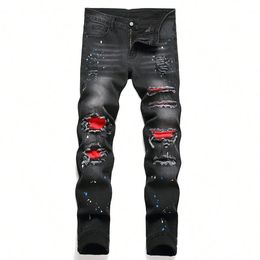 Men y2k Stretchy Skinny Denim Jeans For Men Casual pants Ripped Patchwork Hole Slim Fit Denim Hip Hop Black Straight Trousers 240309