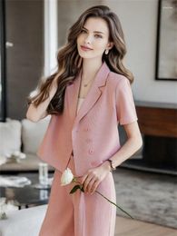 Women's Two Piece Pants Women Casual Jacket Blazer 2 Sets Office Lady 2024 Summer Short Sleeve And High Waist Wide Leg Long Suits Set