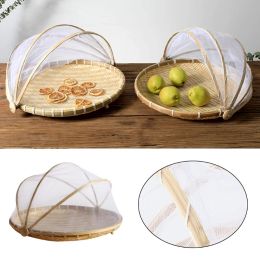 Baskets Handmade Bamboo Woven Fruit Vegetable Basket with Mosquito Proof Net Round Dustproof Wicker Picnic Tray Food Bread