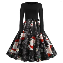 Casual Dresses Women Vintage Christmas Winter Party Dress Long Sleeve Housewife Slimming Waist Evening Prom Big Swing