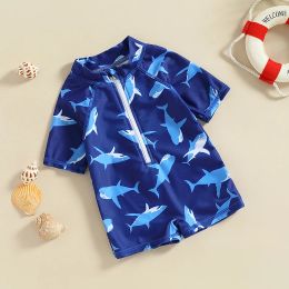 Swimwear EWODOS 03 Years Baby Kid Boys Swimming Suit Swimsuit Short Sleeve Sunscreen Swimsuit Cartoon Shark Print Zipper Beach Swimwear