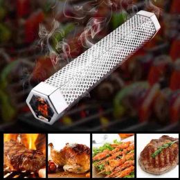 Meshes 1 Pcs Stainless Steel Fruitwood Philtre Roast Tube Hexagonal BBQ Grill Portable Outdoor Perforated Mesh Smoker Accessories