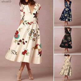 Basic Casual Dresses Deep V-Neck Half Sleeve High-waisted Midi Dress Vivid Flower Printing Large Hem Women Elegant Long Dress Female ClothingL2403