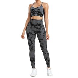CHRLEISURE Women Tie Dye Yoga Set Seamless Fitness Suit Workout Legging with Running Bra Activewear Female Elastic Gym Wear 240304