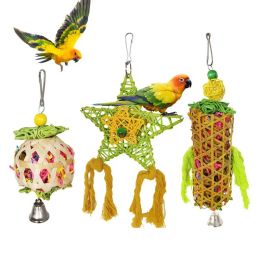 Toys 3PCS Parrot Chew Toy Natural Bird Perch Chewing Bird Toy Woven Cage Bird Cage Toy For Large Bird For Macaws, African Gray Birds