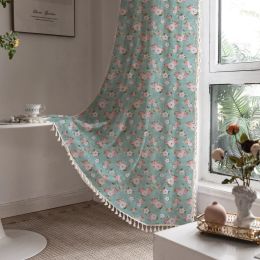 Curtains American Style Cotton Curtains, Retro Flower Printed, Tassel Curtains, Living Room, Kitchen, Bedroom, Drapes, Float Window,