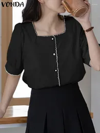 Women's Blouses VONDA Women Elegant Short Sleeve Shirts 2024 Summer Square Collar Tunic Blouse Loose Casual Button Up Tops Solid Colour