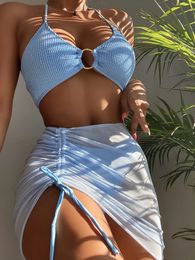 3 Pieces Thong Bikini Women With Skirt Ring Link Swimwear Female Halter Swimsuit Beachwear Bathing Swimming Suit Summer 240314