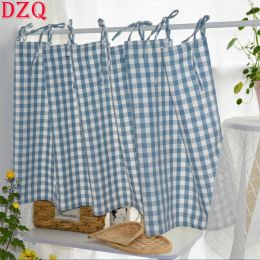 Curtains Korea Sweet Blue Lattice Tab Top Short Curtains Rural Plaid Half Curtains Cloth Kitchen Valance #A091